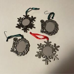 4 Metal Pewter Tone Snowflake & Wreath Picture Frame/Christmas Ornaments Heavy